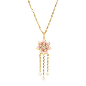 Rose Gold Plated Flower petal Rhinestone Pearls Drop Pendant set